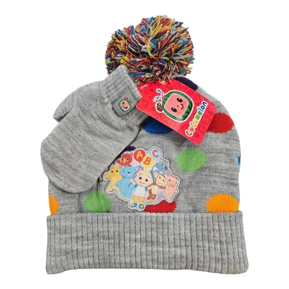 Cocomelon Unisex Grey Winter Beanie Hat and Mitten Set - Picture 1 of 5